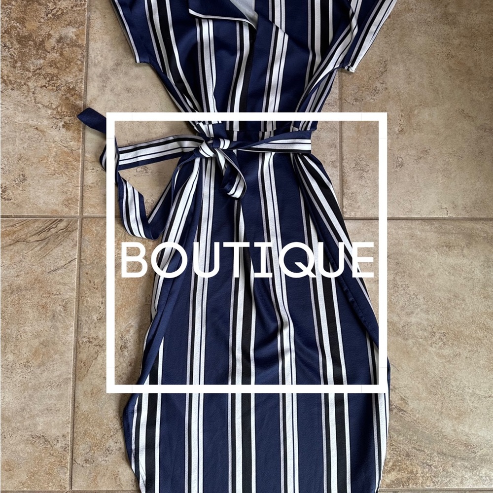 Navy Blue Striped MIDI V Neck Dress with Belt